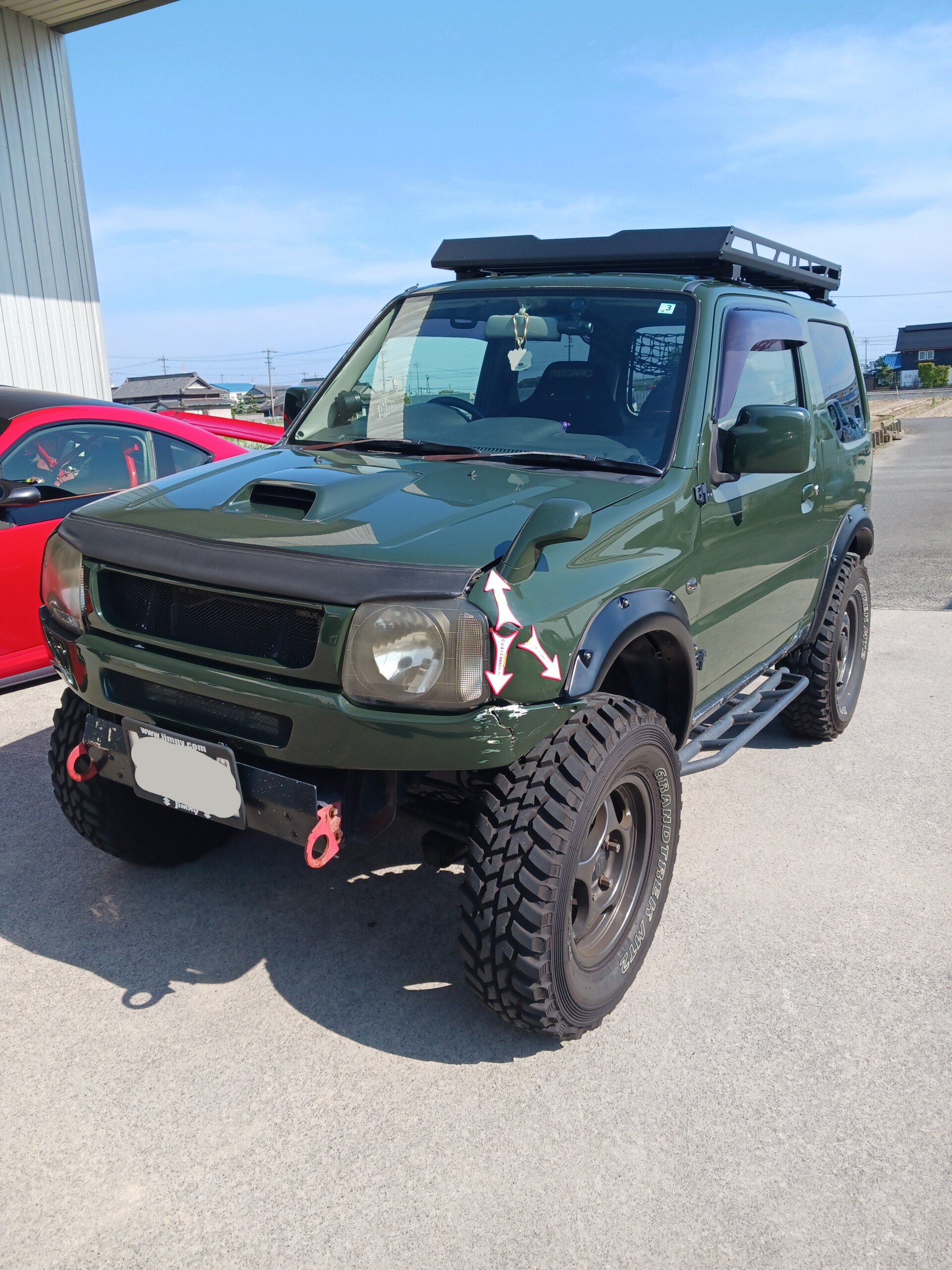 【海部郡大治町】ジムニーの当て逃げ事故を車両保険で修理｜社外パーツ交換＆ラプター塗装